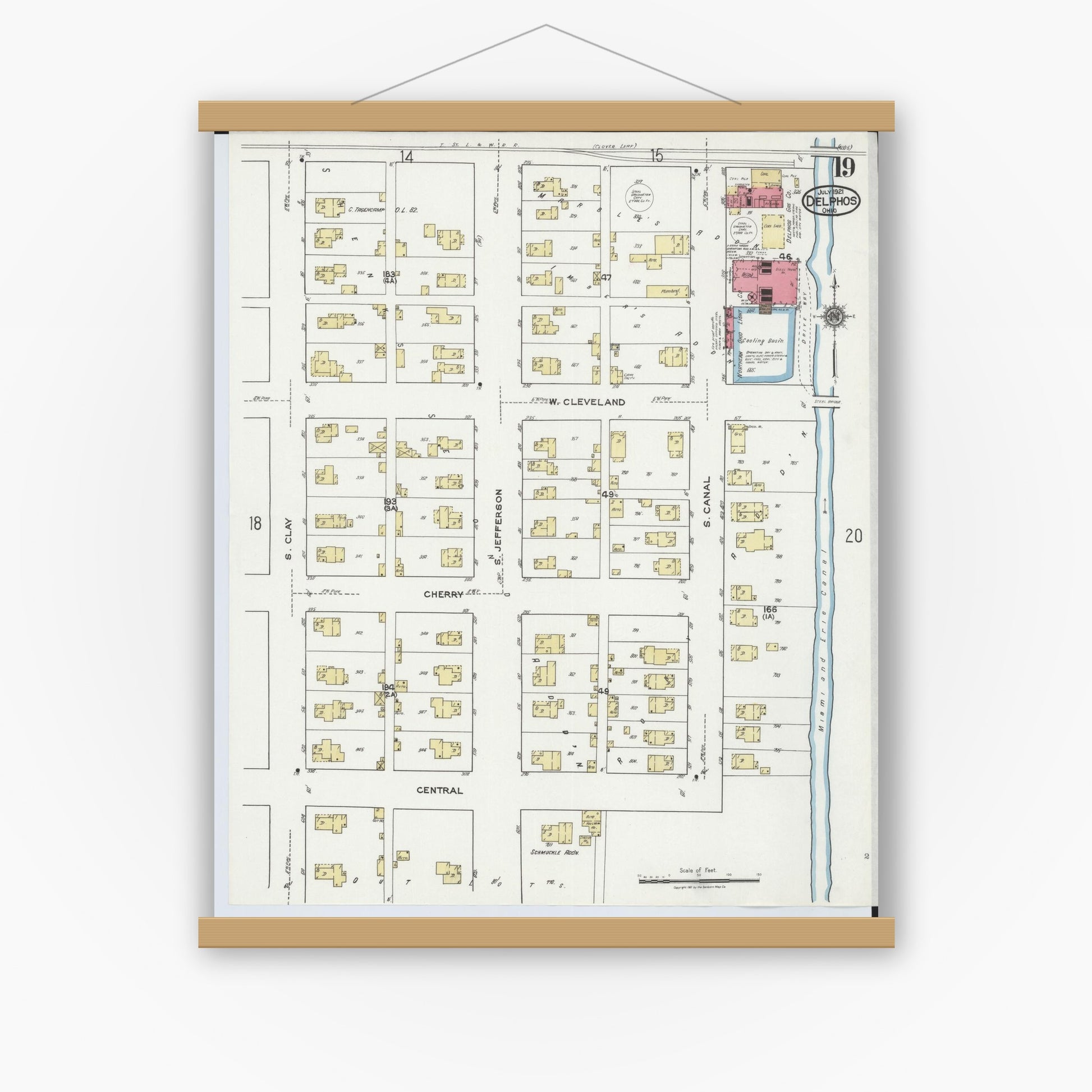 Old map wall art mockup — magnetic wood frame on white wall — Sanborn Fire Insurance Map from Delphos, Van Wert And Allen Counties, Ohio (1921), Sheet #0019