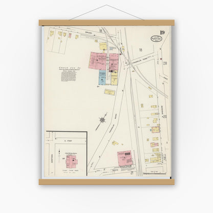 Old map wall art mockup — magnetic wood frame on white wall — Sanborn Fire Insurance Map from Pontiac, Oakland County, Michigan (1915), Sheet #0019