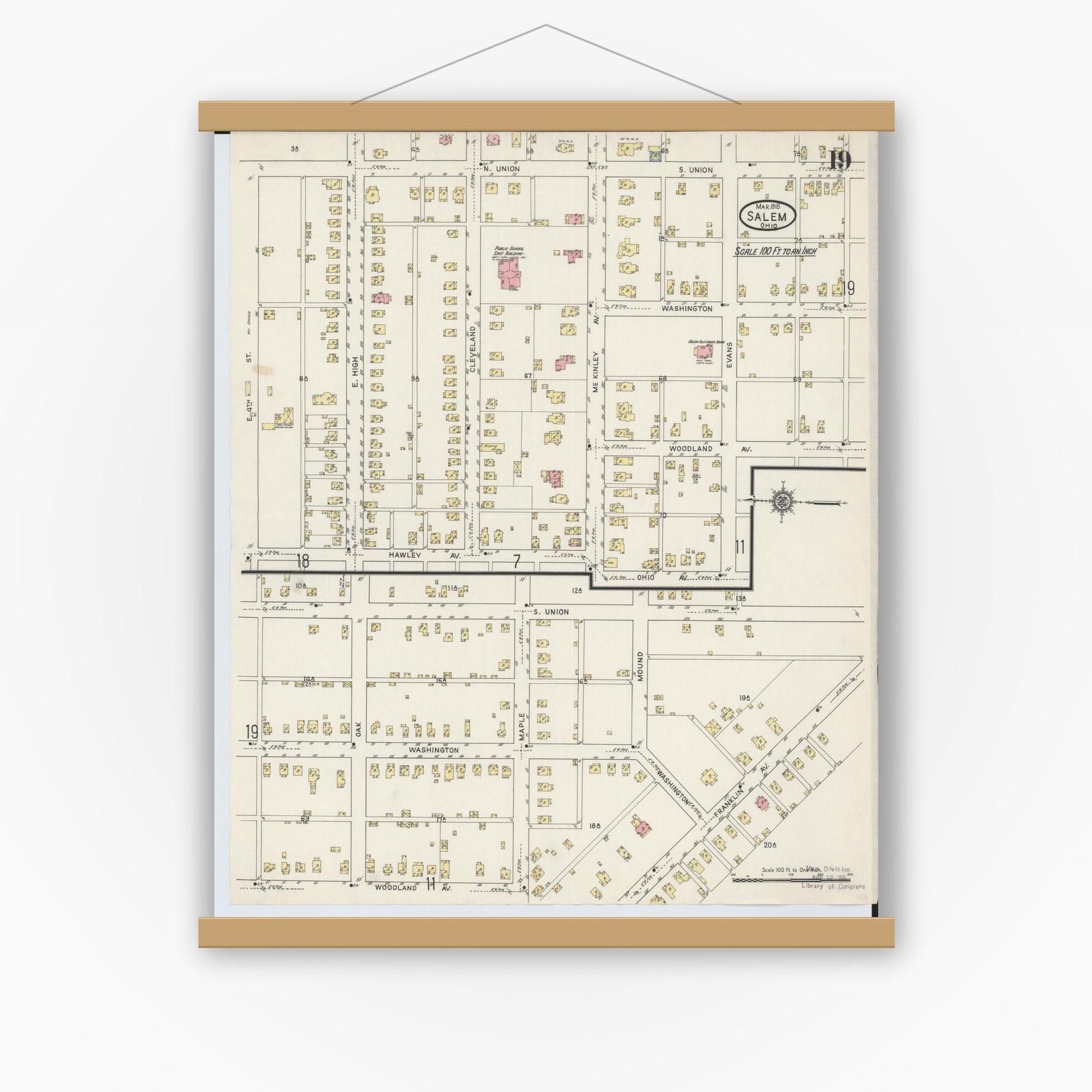 Old map wall art mockup — magnetic wood frame on white wall — Sanborn Fire Insurance Map from Salem, Columbiana County, Ohio (1915), Sheet #0019