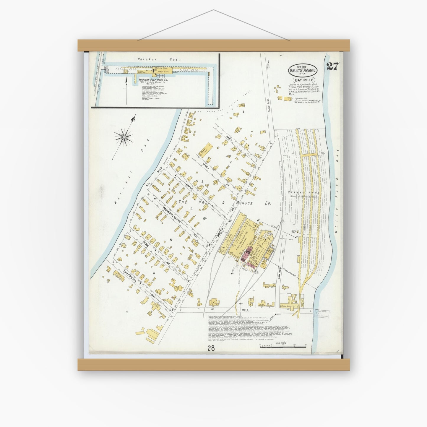 Old map wall art mockup — magnetic wood frame on white wall — Sanborn Fire Insurance Map from Sault Sainte Marie, Chippewa County, Michigan (1902), Sheet #0027