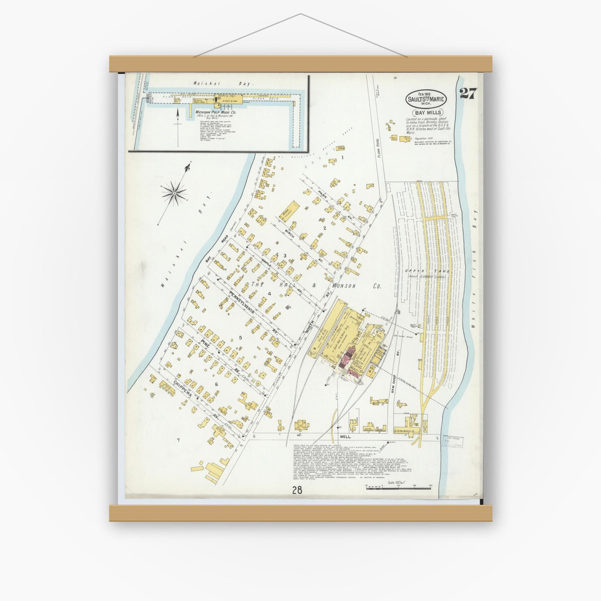 Old map wall art mockup — magnetic wood frame on white wall — Sanborn Fire Insurance Map from Sault Sainte Marie, Chippewa County, Michigan (1902), Sheet #0027