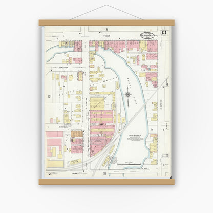 Old map wall art mockup — magnetic wood frame on white wall — Sanborn Fire Insurance Map from Beaver Dam, Dodge County, Wisconsin (1914), Sheet #0013