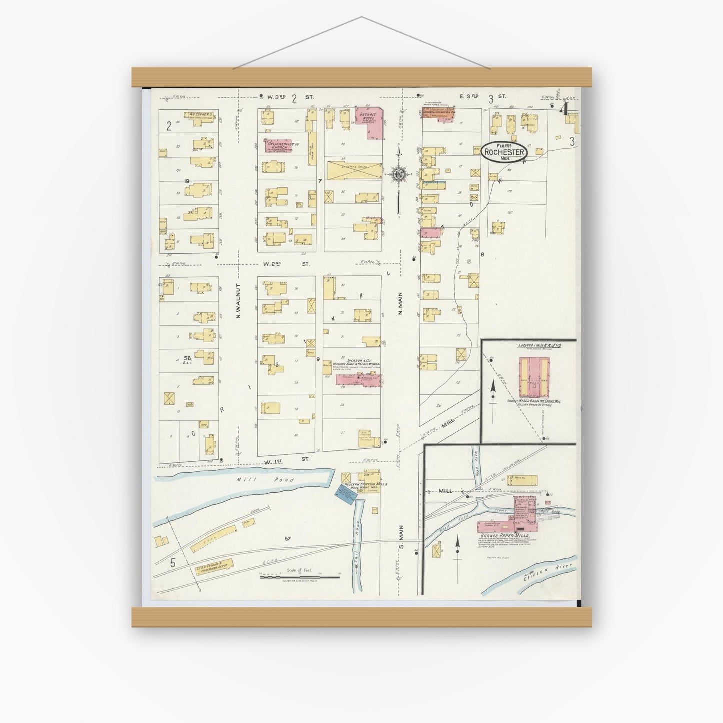 Old map wall art mockup — magnetic wood frame on white wall — Sanborn Fire Insurance Map from Rochester, Oakland County, Michigan (1919), Sheet #0004