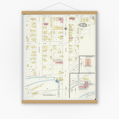 Old map wall art mockup — magnetic wood frame on white wall — Sanborn Fire Insurance Map from Rochester, Oakland County, Michigan (1919), Sheet #0004