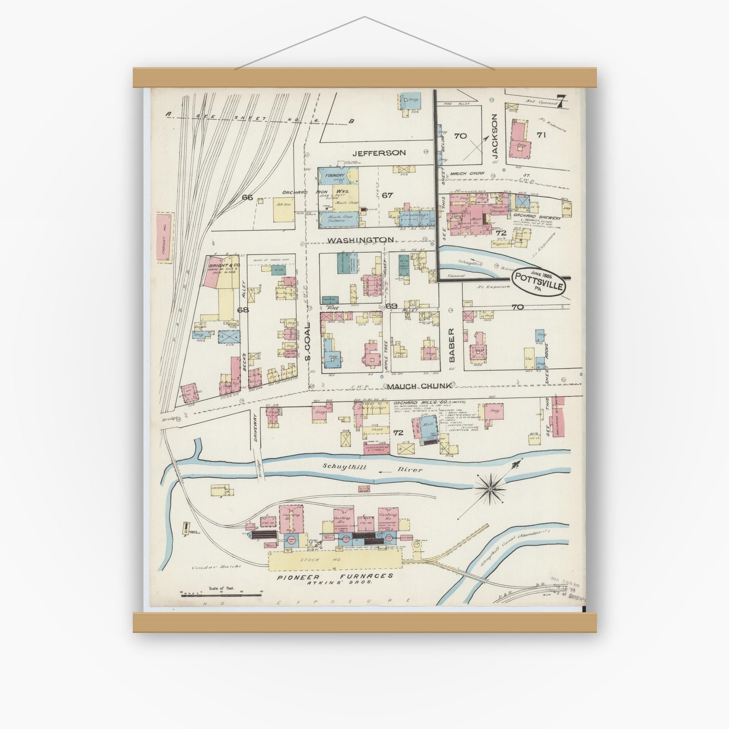 Old map wall art mockup — magnetic wood frame on white wall — Sanborn Fire Insurance Map from Pottsville, Schuylkill County, Pennsylvania (1885), Sheet #0007