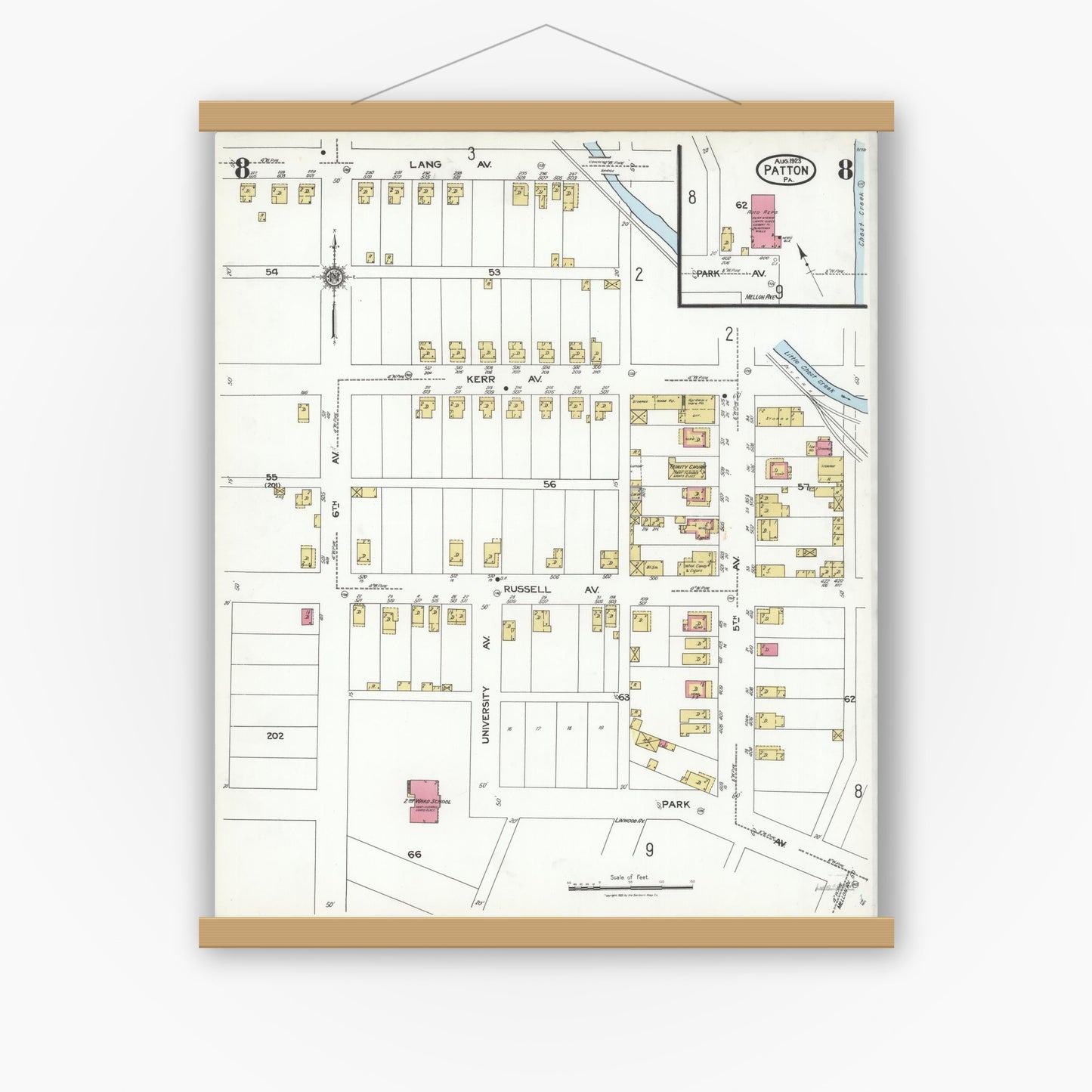 Old map wall art mockup — magnetic wood frame on white wall — Sanborn Fire Insurance Map from Patton, Cambria County, Pennsylvania (1923), Sheet #0008