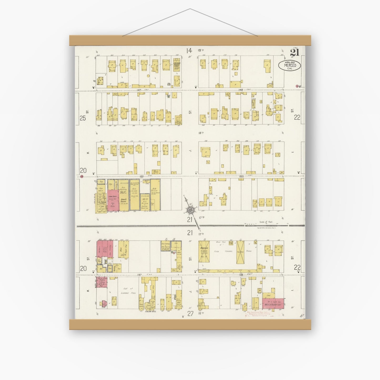 Old map wall art mockup — magnetic wood frame on white wall — Sanborn Fire Insurance Map from Merced, Merced County, California (1922), Sheet #0021