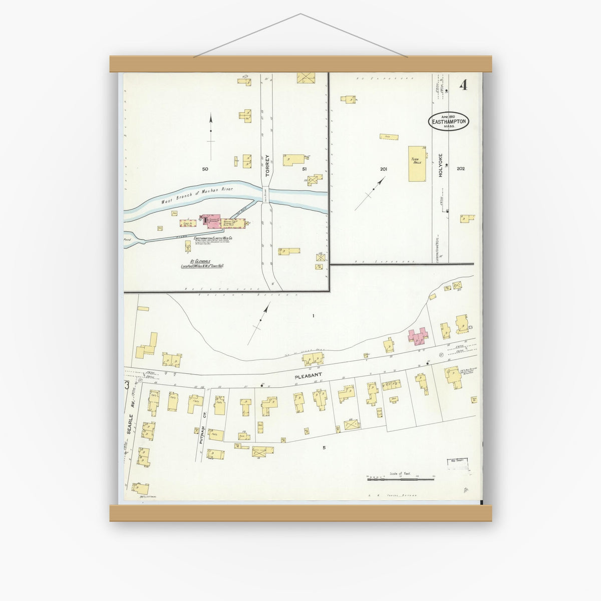 Old map wall art mockup — magnetic wood frame on white wall — Sanborn Fire Insurance Map from East Hampton, Hampshire County, Massachusetts (1910), Sheet #0004
