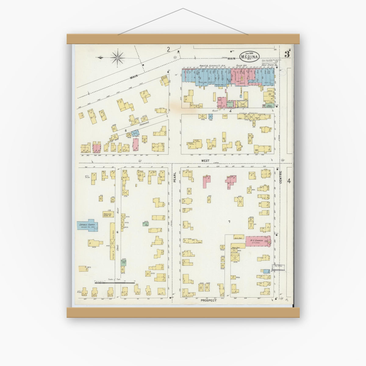 Old map wall art mockup — magnetic wood frame on white wall — Sanborn Fire Insurance Map from Medina, Orleans County, New York (1898), Sheet #0003