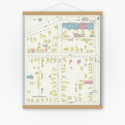 Old map wall art mockup — magnetic wood frame on white wall — Sanborn Fire Insurance Map from Medina, Orleans County, New York (1898), Sheet #0003