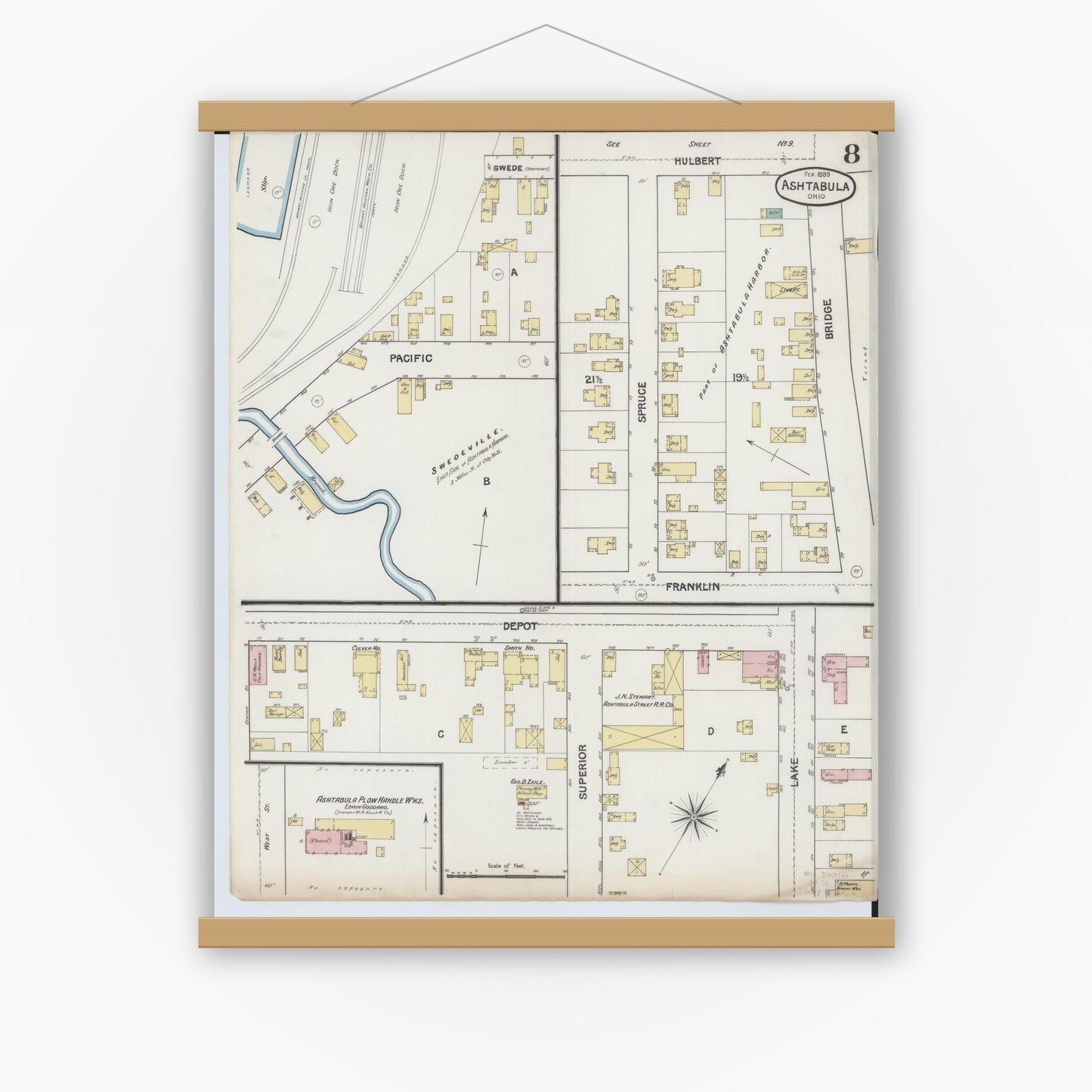 Old map wall art mockup — magnetic wood frame on white wall — Sanborn Fire Insurance Map from Ashtabula, Ashtabula County, Ohio (1889), Sheet #0008