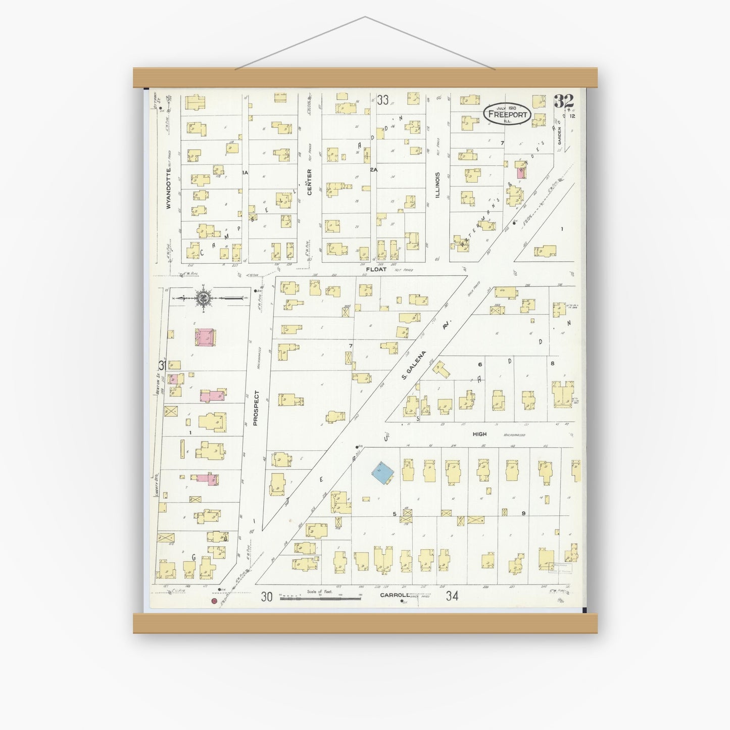 Old map wall art mockup — magnetic wood frame on white wall — Sanborn Fire Insurance Map from Freeport, Stephenson County, Illinois (1910), Sheet #0032