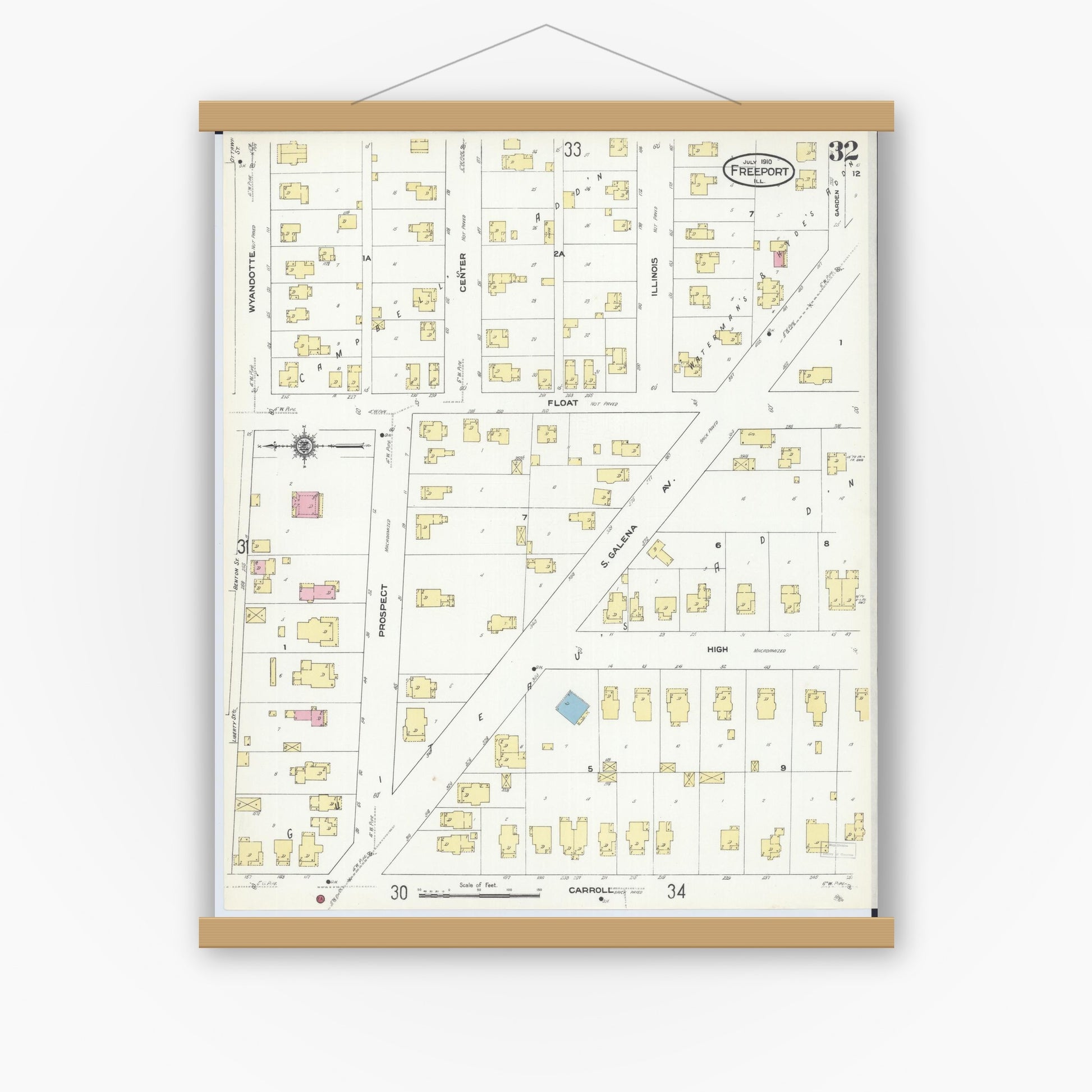 Old map wall art mockup — magnetic wood frame on white wall — Sanborn Fire Insurance Map from Freeport, Stephenson County, Illinois (1910), Sheet #0032