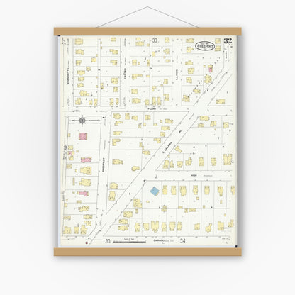 Old map wall art mockup — magnetic wood frame on white wall — Sanborn Fire Insurance Map from Freeport, Stephenson County, Illinois (1910), Sheet #0032