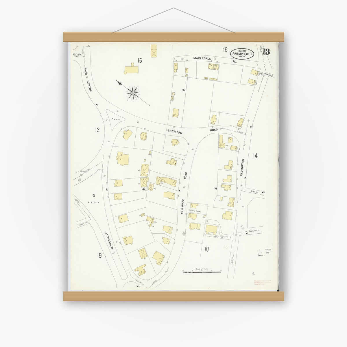 Old map wall art mockup — magnetic wood frame on white wall — Sanborn Fire Insurance Map from Swampscott, Essex County, Massachusetts (1907), Sheet #0013
