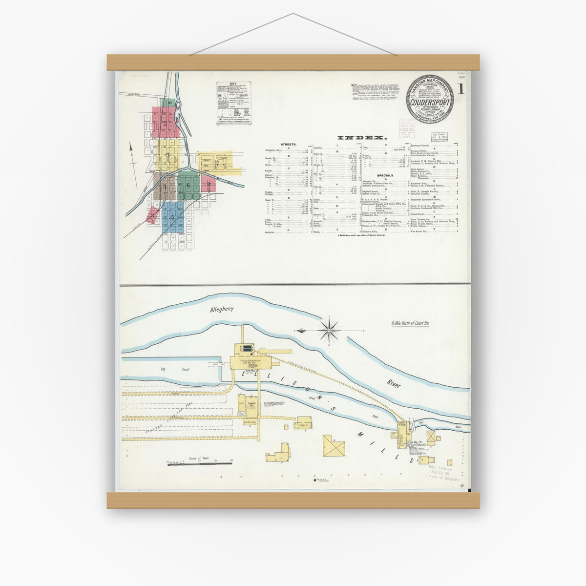 Old map wall art mockup — magnetic wood frame on white wall — Sanborn Fire Insurance Map from Coudersport, Potter County, Pennsylvania (1903) - Complete Map Set