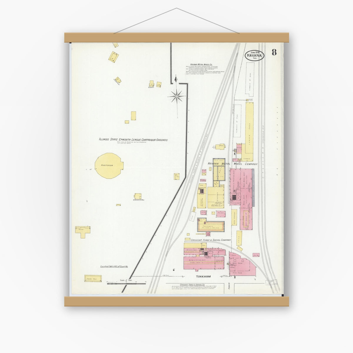 Old map wall art mockup — magnetic wood frame on white wall — Sanborn Fire Insurance Map from Havana, Mason County, Illinois (1909), Sheet #0008