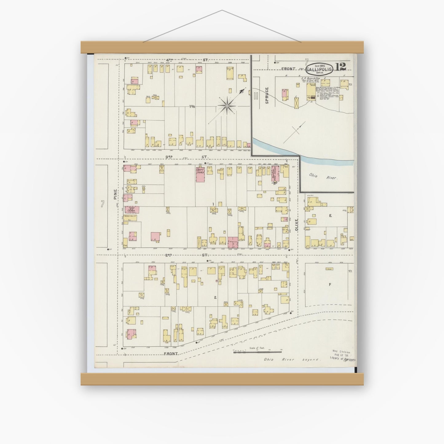 Old map wall art mockup — magnetic wood frame on white wall — Sanborn Fire Insurance Map from Gallipolis, Gallia County, Ohio (1895), Sheet #0012