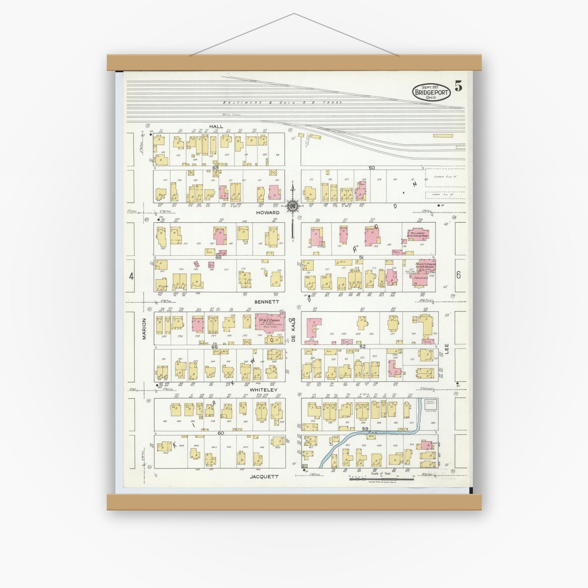 Old map wall art mockup — magnetic wood frame on white wall — Sanborn Fire Insurance Map from Bridgeport, Belmont County, Ohio (1917), Sheet #0005