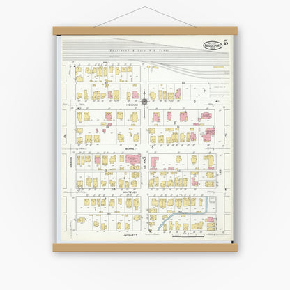 Old map wall art mockup — magnetic wood frame on white wall — Sanborn Fire Insurance Map from Bridgeport, Belmont County, Ohio (1917), Sheet #0005