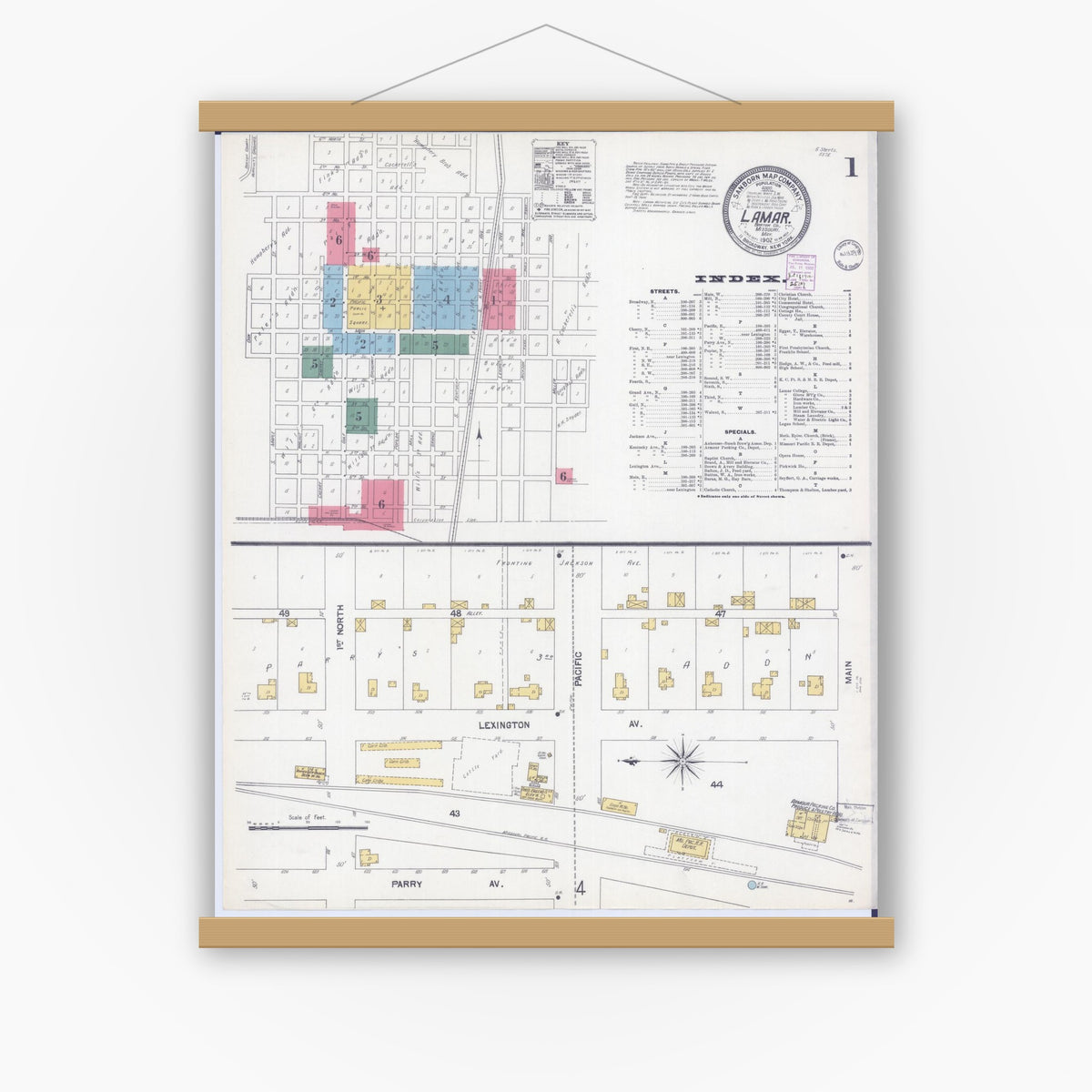 Old map wall art mockup — magnetic wood frame on white wall — Sanborn Fire Insurance Map from Lamar, Barton County, Missouri (1902), Sheet #0001