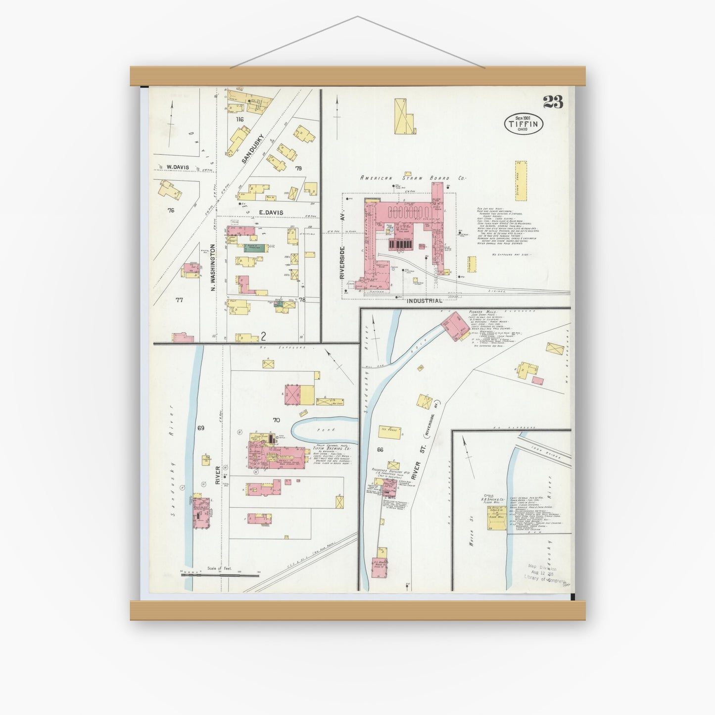 Old map wall art mockup — magnetic wood frame on white wall — Sanborn Fire Insurance Map from Tiffin, Seneca County, Ohio (1901), Sheet #0023