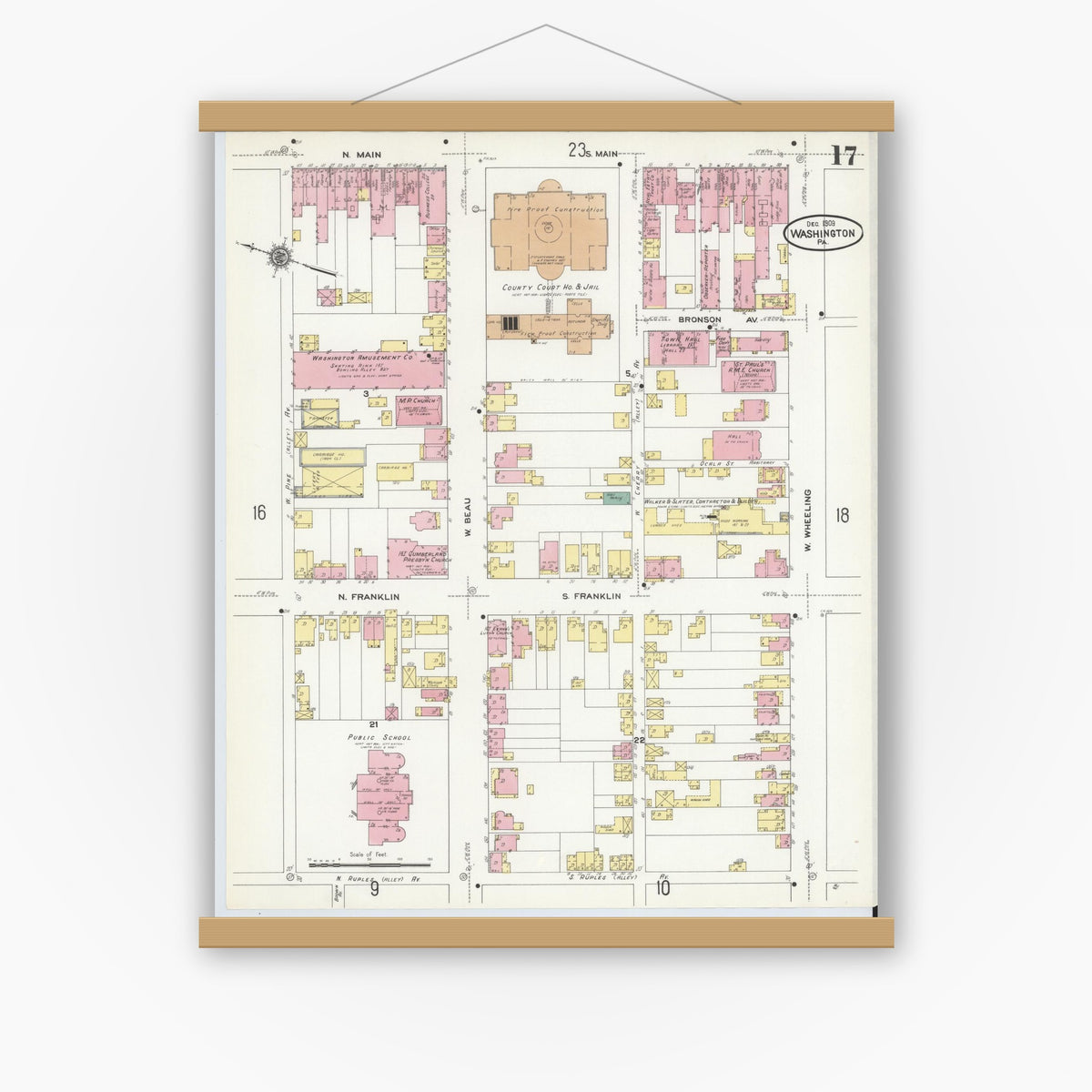 Old map wall art mockup — magnetic wood frame on white wall — Sanborn Fire Insurance Map from Washington, Washington County, Pennsylvania (1909), Sheet #0017