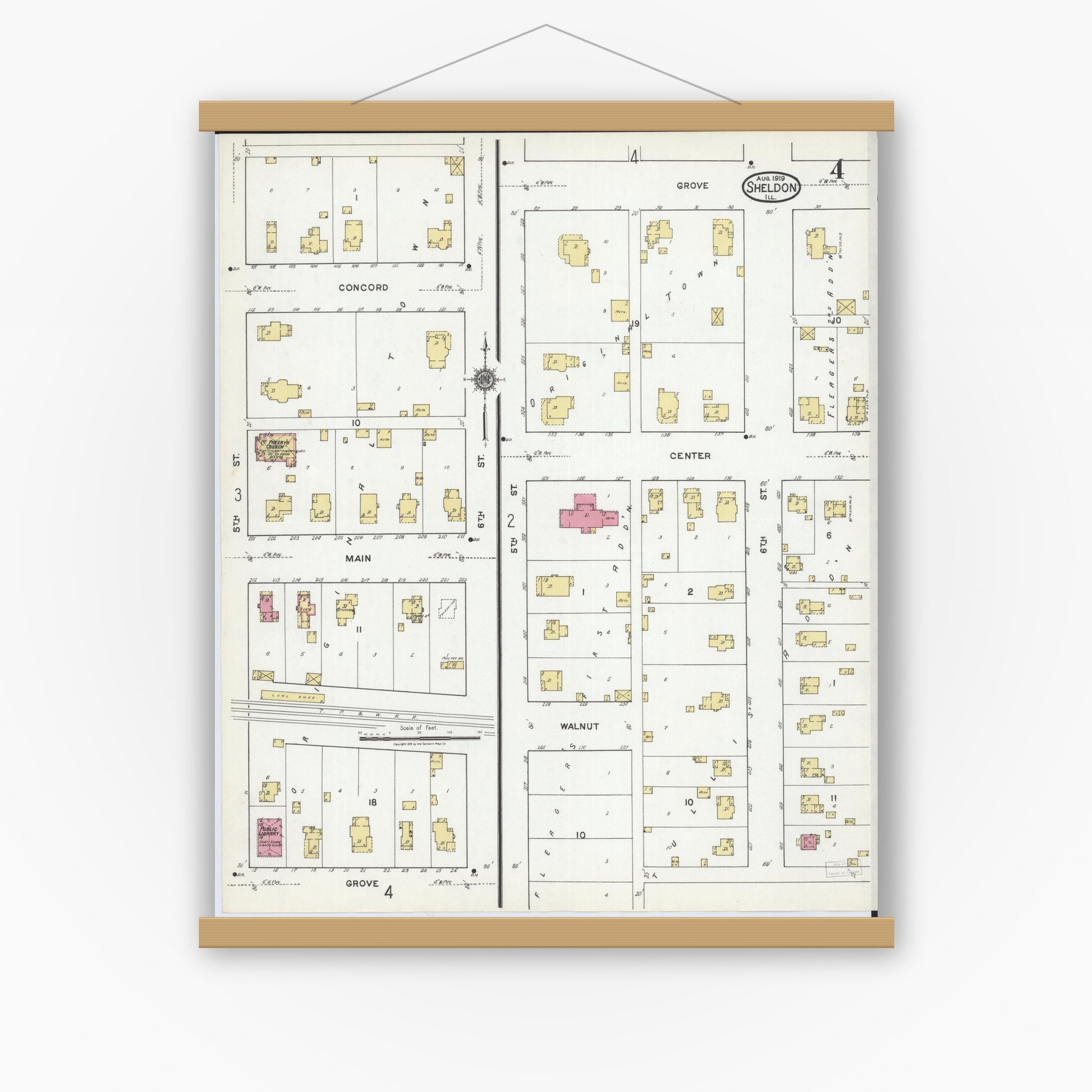 Old map wall art mockup — magnetic wood frame on white wall — Sanborn Fire Insurance Map from Sheldon, Iroquois County, Illinois (1919), Sheet #0004