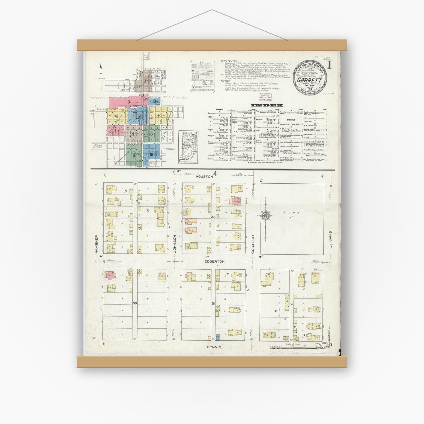 Old map wall art mockup — magnetic wood frame on white wall — Sanborn Fire Insurance Map from Garrett, De Kalb County, Indiana (1914) - Complete Map Set