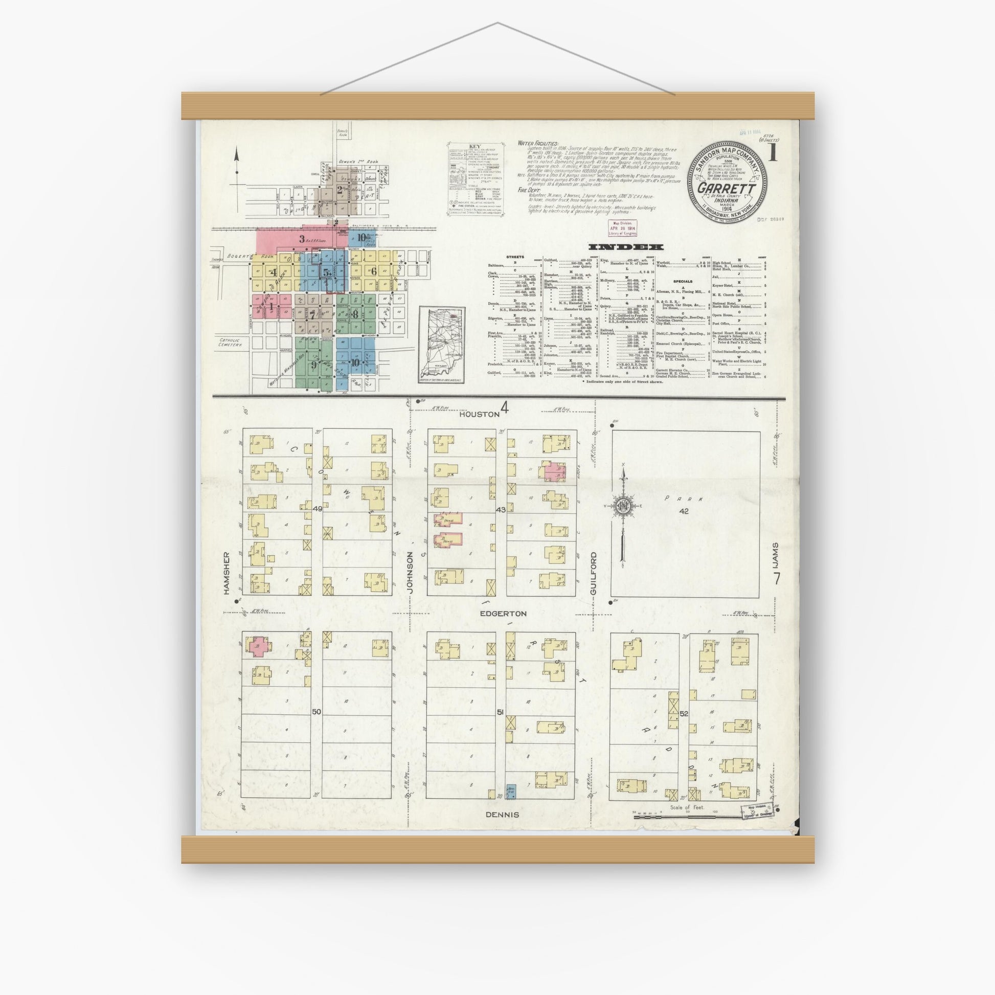 Old map wall art mockup — magnetic wood frame on white wall — Sanborn Fire Insurance Map from Garrett, De Kalb County, Indiana (1914) - Complete Map Set