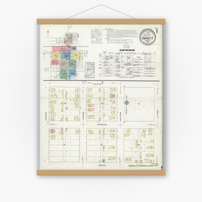 Old map wall art mockup — magnetic wood frame on white wall — Sanborn Fire Insurance Map from Garrett, De Kalb County, Indiana (1914) - Complete Map Set