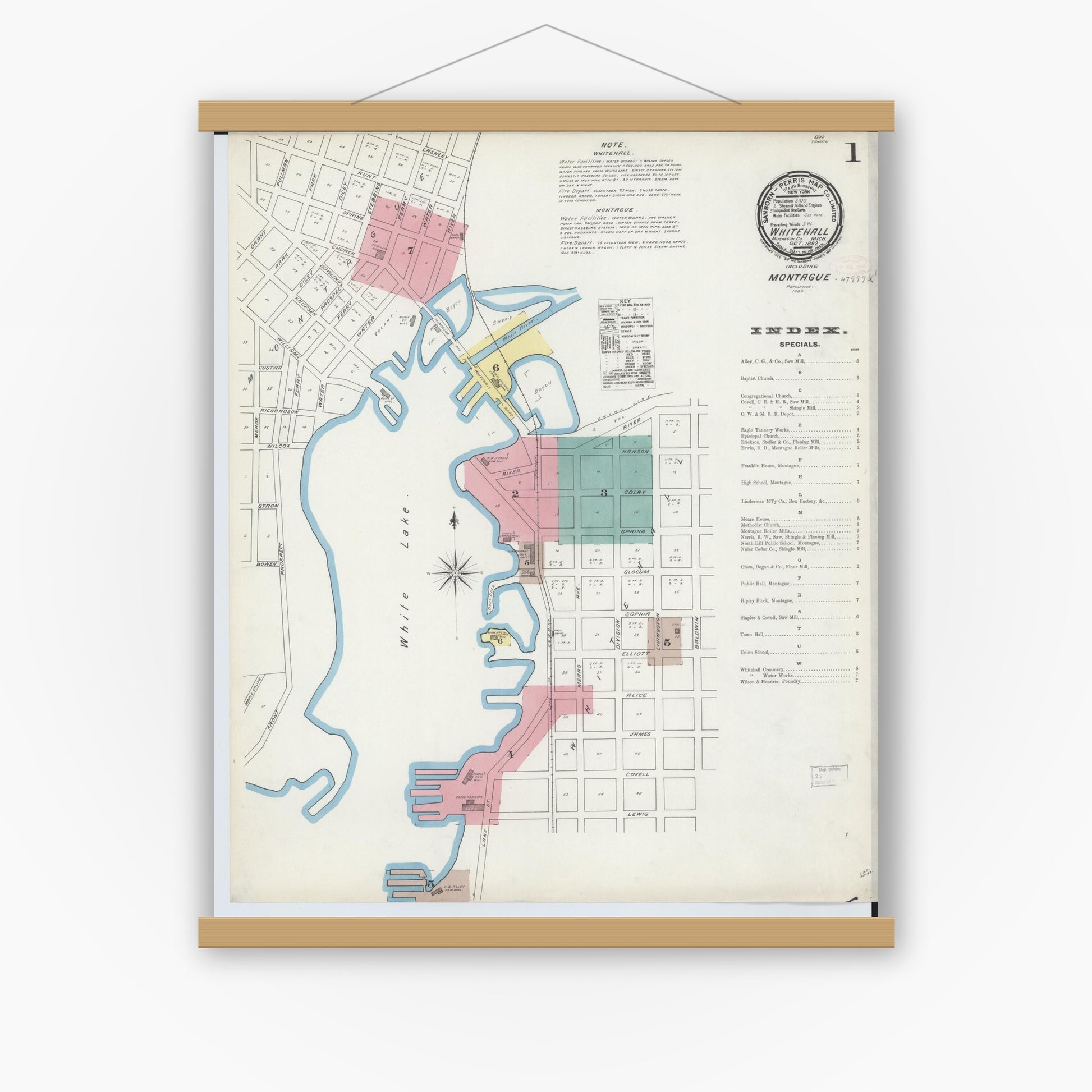 Old map wall art mockup — magnetic wood frame on white wall — Sanborn Fire Insurance Map from Whitehall, Muskegon County, Michigan (1892), Sheet #0001