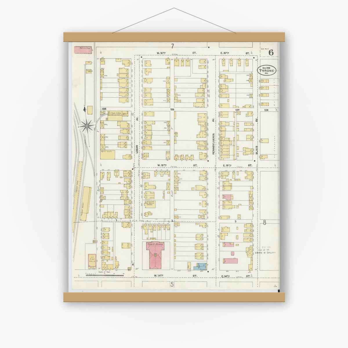 Old map wall art mockup — magnetic wood frame on white wall — Sanborn Fire Insurance Map from Tyrone, Blair County, Pennsylvania (1906), Sheet #0006