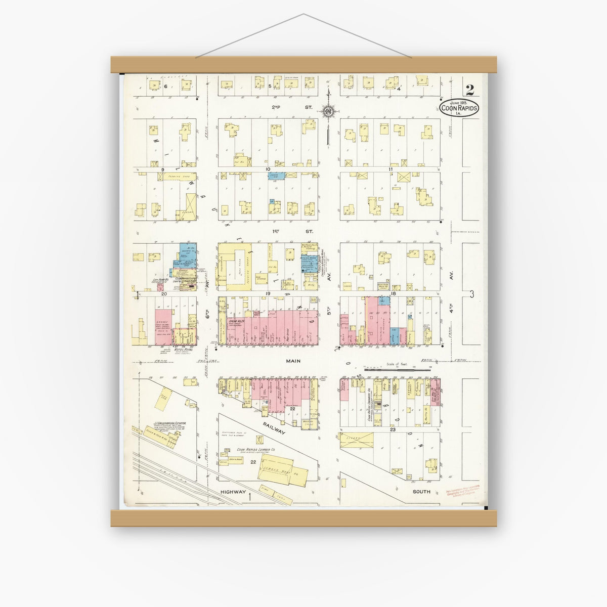 Old map wall art mockup — magnetic wood frame on white wall — Sanborn Fire Insurance Map from Coon Rapids, Carroll County, Iowa (1915), Sheet #0002