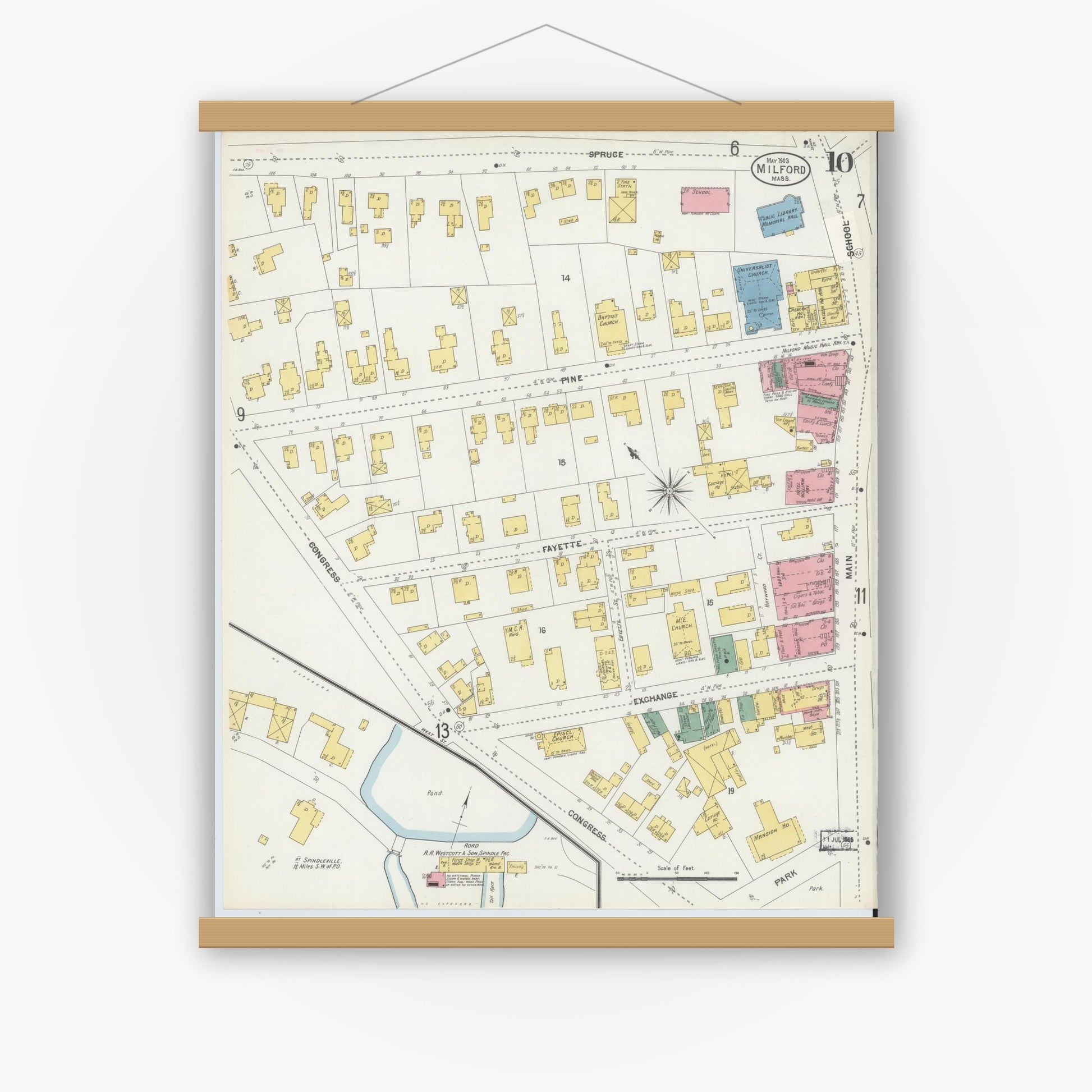 Old map wall art mockup — magnetic wood frame on white wall — Sanborn Fire Insurance Map from Milford, Worcester County, Massachusetts (1903), Sheet #0010