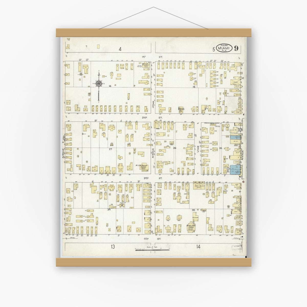 Old map wall art mockup — magnetic wood frame on white wall — Sanborn Fire Insurance Map from Miami, Dade County, Florida (1914), Sheet #0009