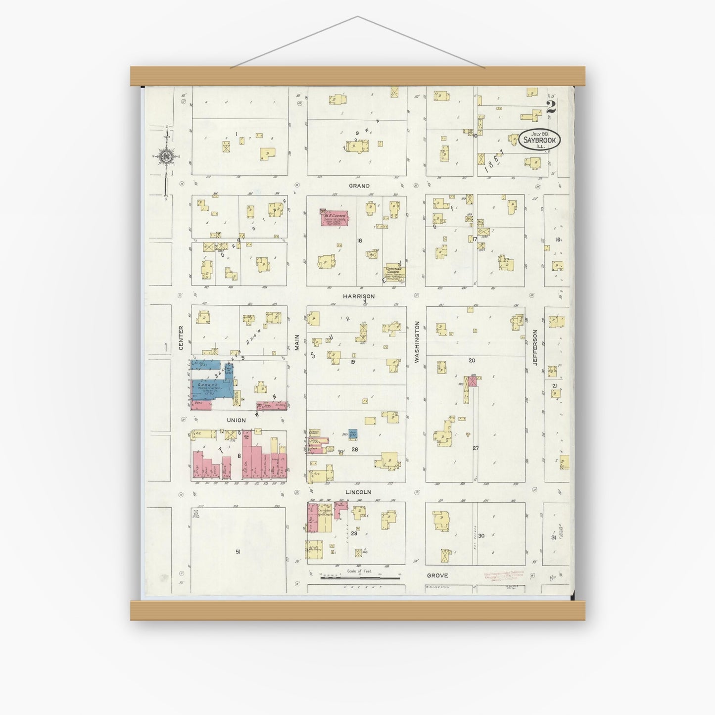 Old map wall art mockup — magnetic wood frame on white wall — Sanborn Fire Insurance Map from Saybrook, McLean County, Illinois (1913), Sheet #0002