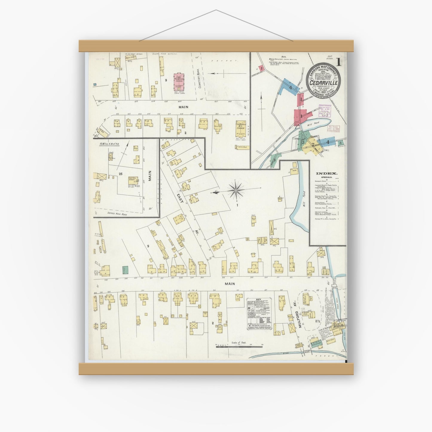Old map wall art mockup — magnetic wood frame on white wall — Sanborn Fire Insurance Map from Cedarville, Cumberland County, New Jersey (1905), Sheet #0001