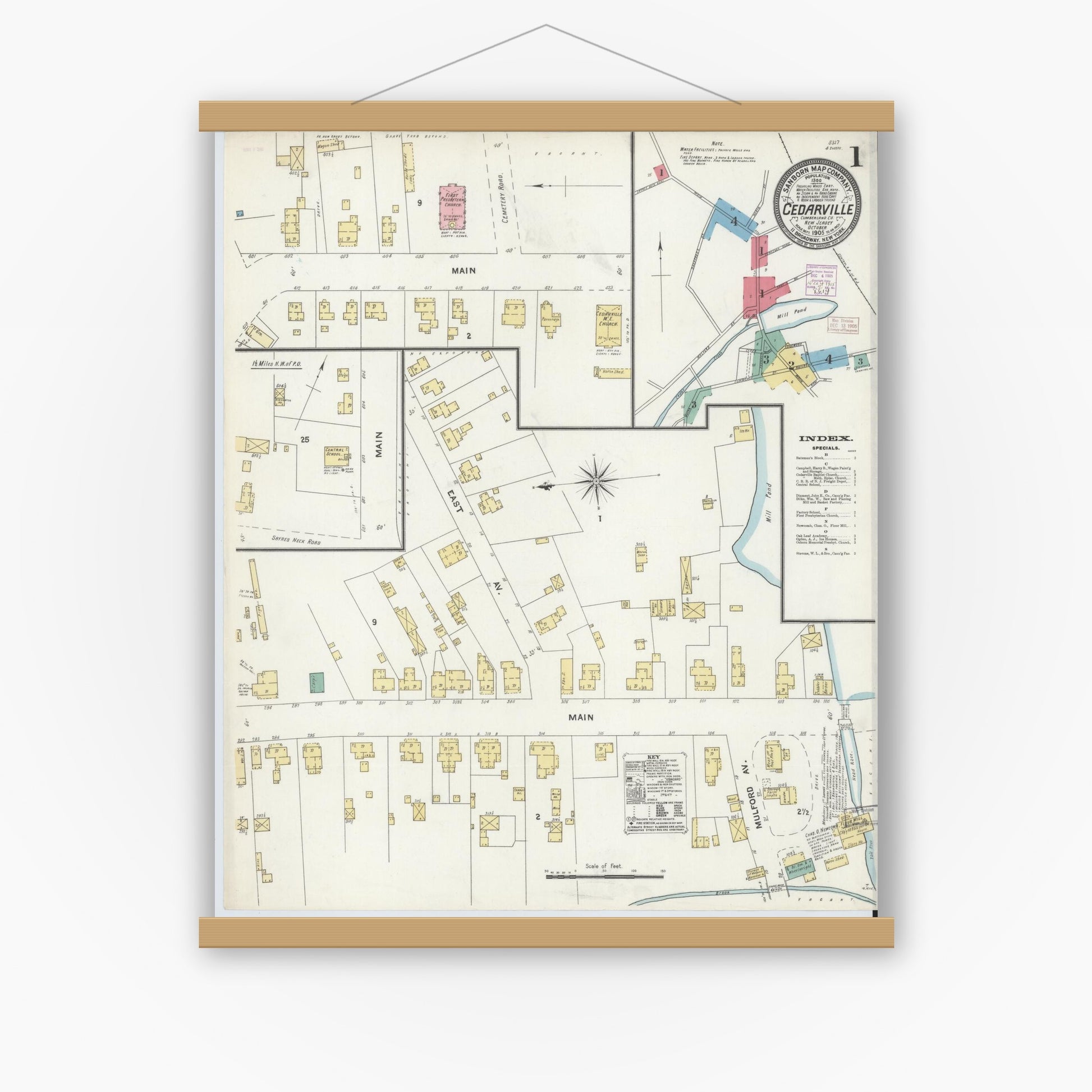 Old map wall art mockup — magnetic wood frame on white wall — Sanborn Fire Insurance Map from Cedarville, Cumberland County, New Jersey (1905), Sheet #0001