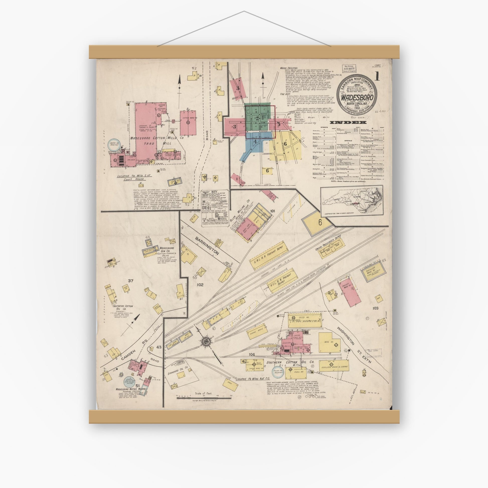 Old map wall art mockup — magnetic wood frame on white wall — Sanborn Fire Insurance Map from Wadesboro, Anson County, North Carolina (1922) - Complete Map Set