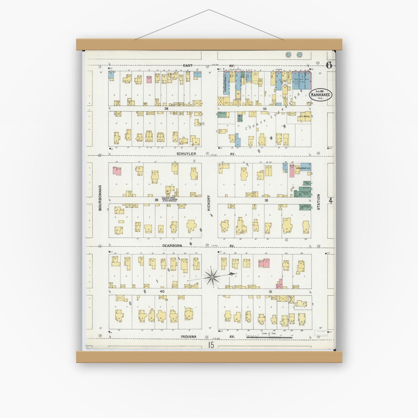 Old map wall art mockup — magnetic wood frame on white wall — Sanborn Fire Insurance Map from Kankakee, Kankakee County, Illinois (1901), Sheet #0006