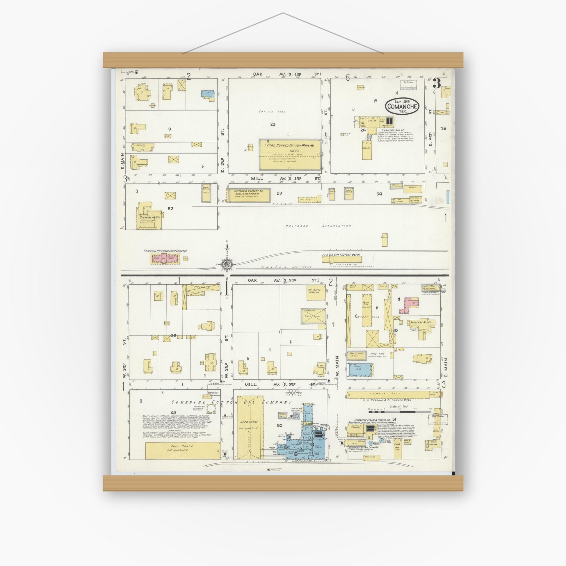 Old map wall art mockup — magnetic wood frame on white wall — Sanborn Fire Insurance Map from Comanche, Comanche County, Texas (1915), Sheet #0003