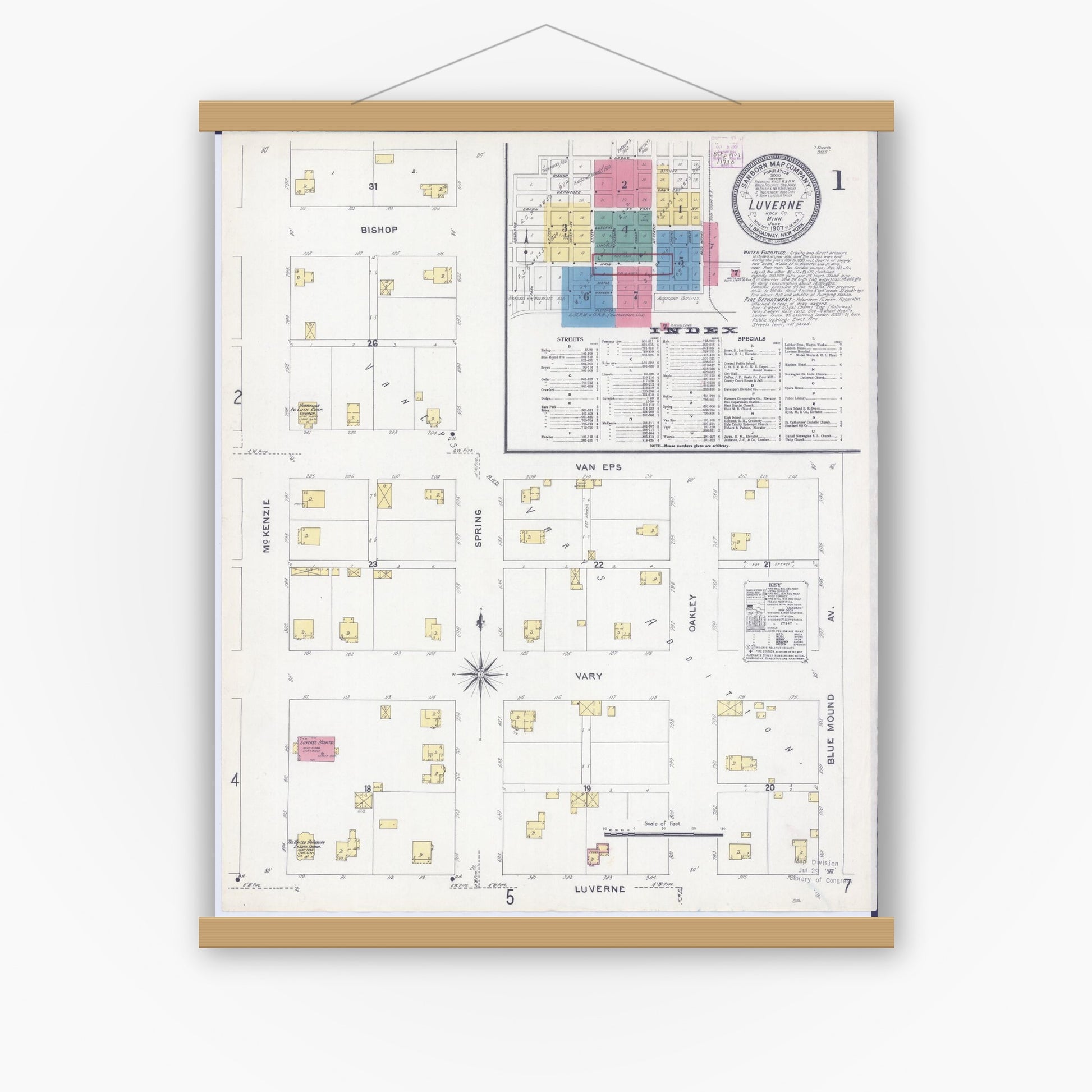 Old map wall art mockup — magnetic wood frame on white wall — Sanborn Fire Insurance Map from Luverne, Rock County, Minnesota (1907) - Complete Map Set