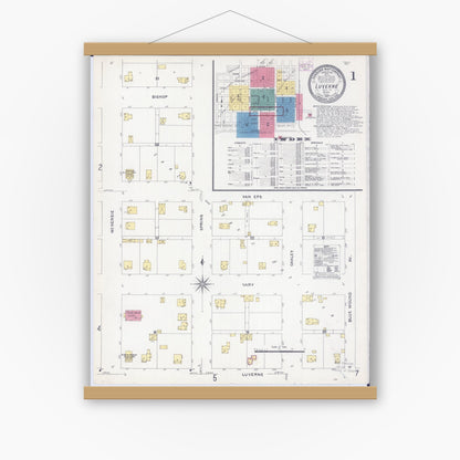 Old map wall art mockup — magnetic wood frame on white wall — Sanborn Fire Insurance Map from Luverne, Rock County, Minnesota (1907) - Complete Map Set