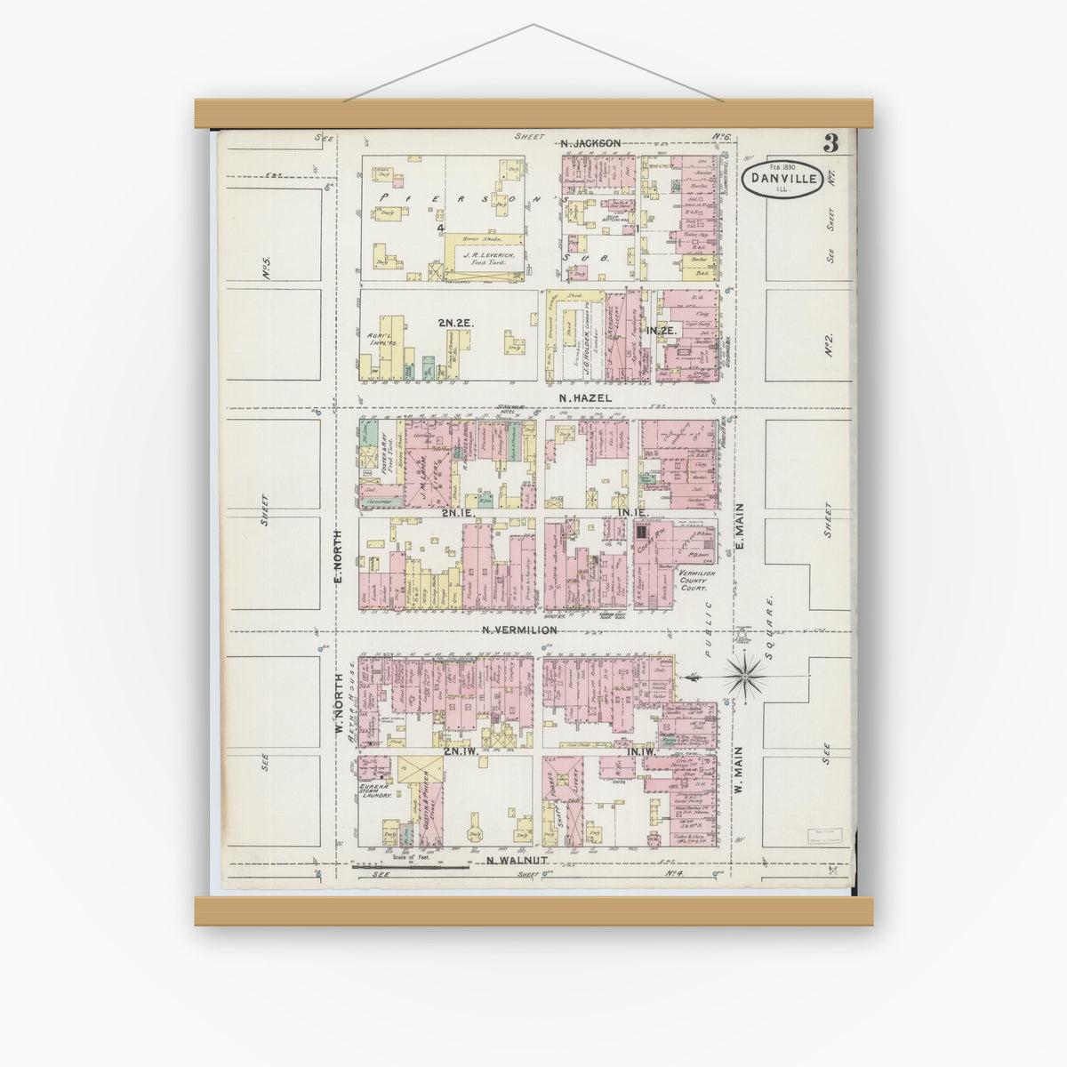 Old map wall art mockup — magnetic wood frame on white wall — Sanborn Fire Insurance Map from Danville, Vermilion County, Illinois (1890), Sheet #0003