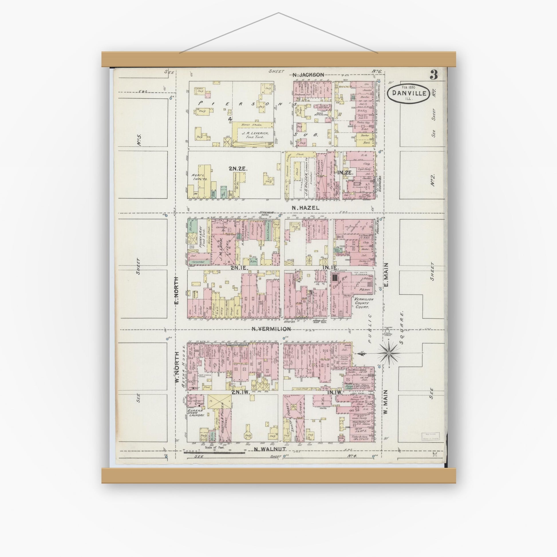 Old map wall art mockup — magnetic wood frame on white wall — Sanborn Fire Insurance Map from Danville, Vermilion County, Illinois (1890), Sheet #0003