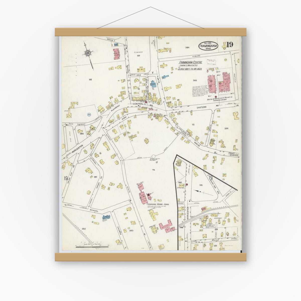 Old map wall art mockup — magnetic wood frame on white wall — Sanborn Fire Insurance Map from Framingham, Middlesex County, Massachusetts (1915), Sheet #0019