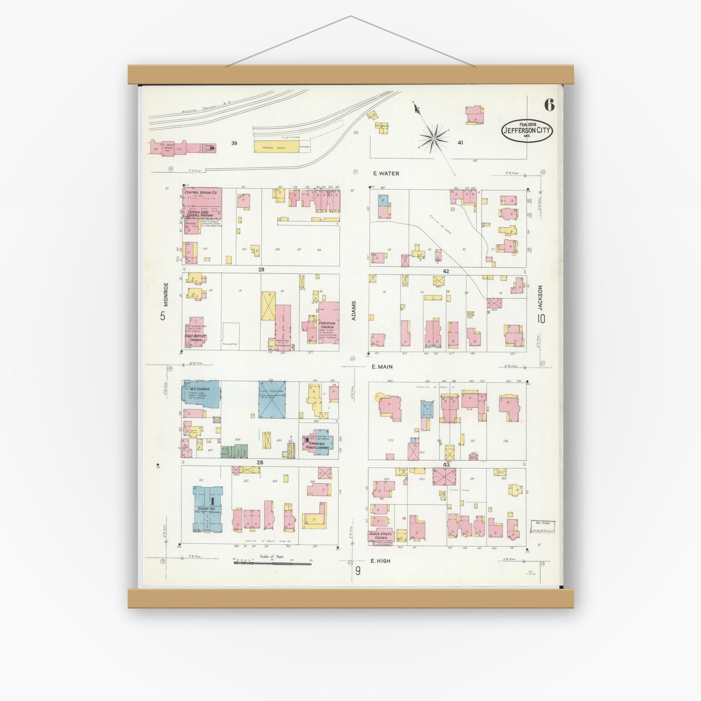 Old map wall art mockup — magnetic wood frame on white wall — Sanborn Fire Insurance Map from Jefferson City, Cole County, Missouri (1908), Sheet #0006