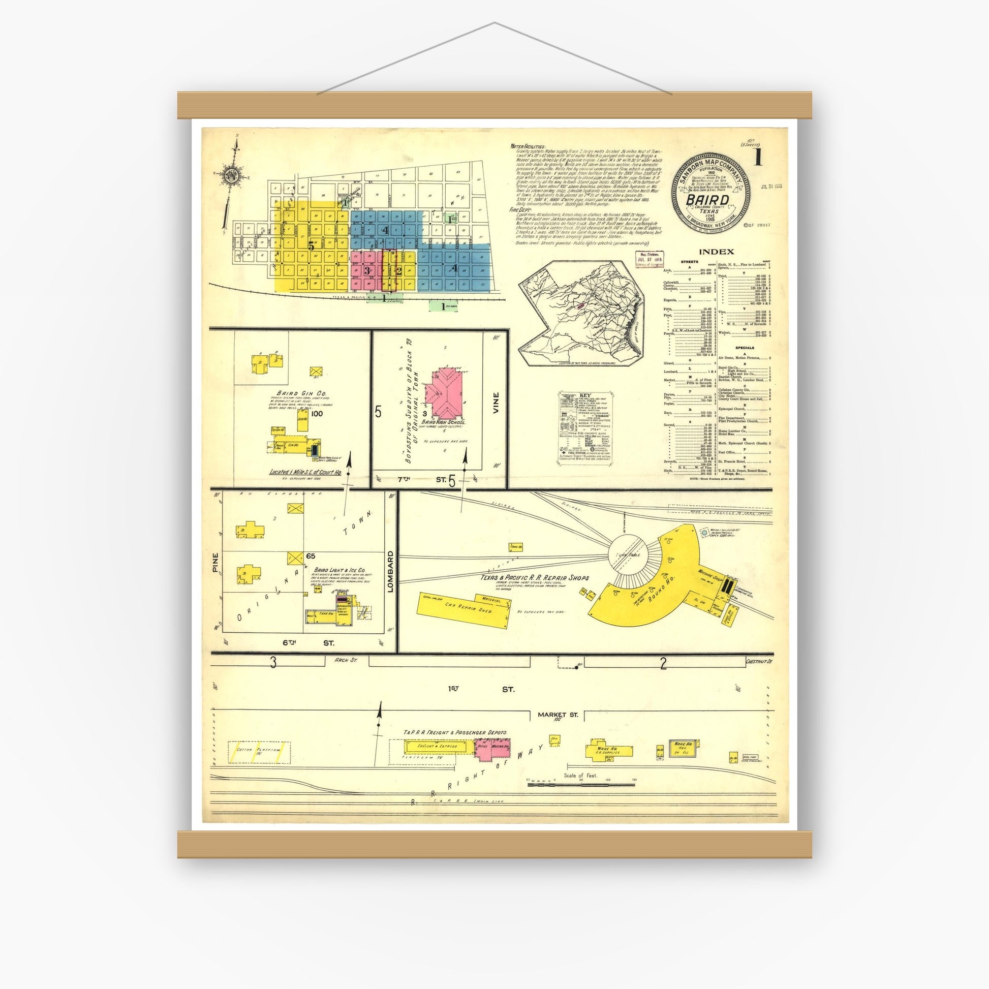 Old map wall art mockup — magnetic wood frame on white wall — Sanborn Fire Insurance Map from Baird, Callahan County, Texas (1915), Sheet #0001