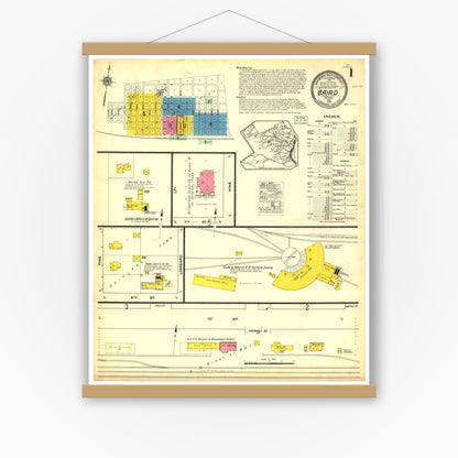 Old map wall art mockup — magnetic wood frame on white wall — Sanborn Fire Insurance Map from Baird, Callahan County, Texas (1915), Sheet #0001